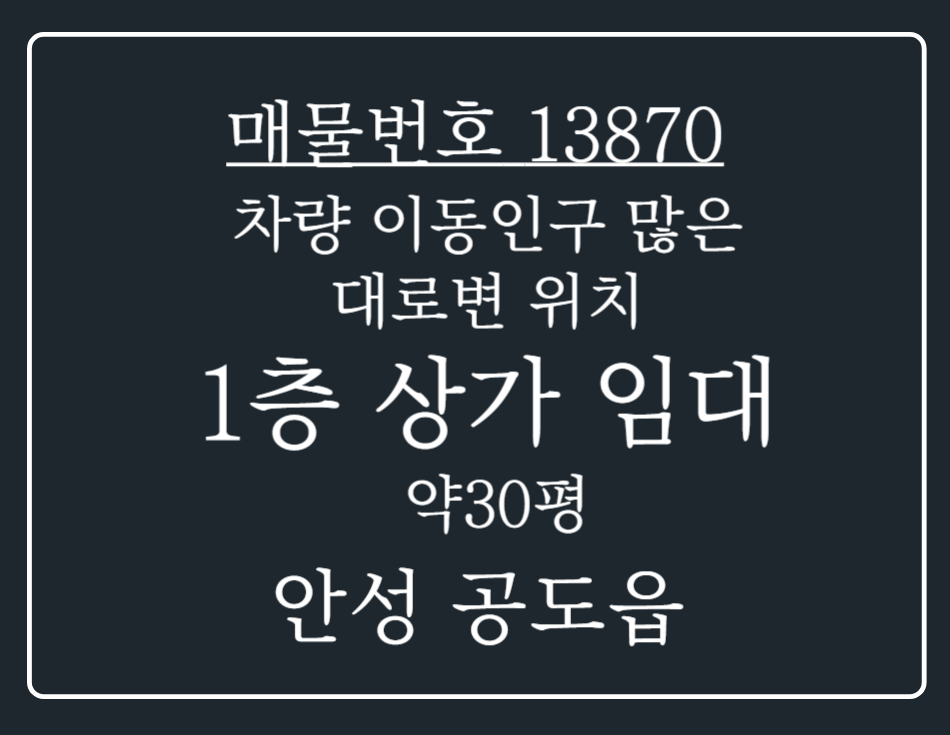경기 안성시 공도읍 용두리 안성 차량 이동인구 많은 대로변 위치 1층 상가 임대 매물 월세 매물번호 13870 사진 1