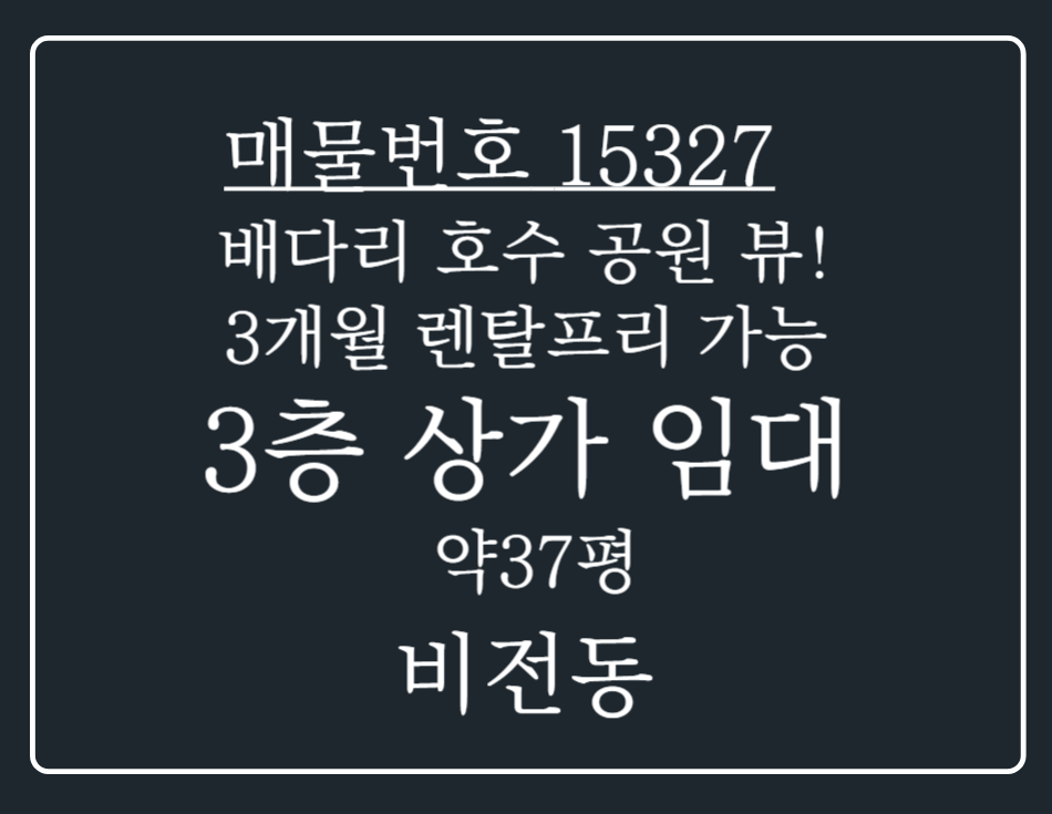 경기 평택시 비전동 비전동 배다리공원 호수뷰! 3개월 렌탈프리 있는 무권리 3층 상가 임대 월세 매물번호 15327 사진 1