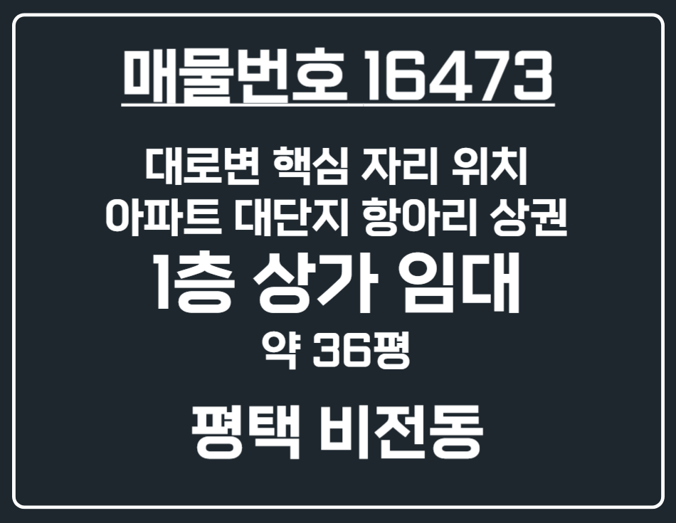 경기 평택시 비전동 [평택 비전동] 아파트 대단지 항아리 싱권 대로변 1층 상가 임대 월세 매물번호 16473 사진 1